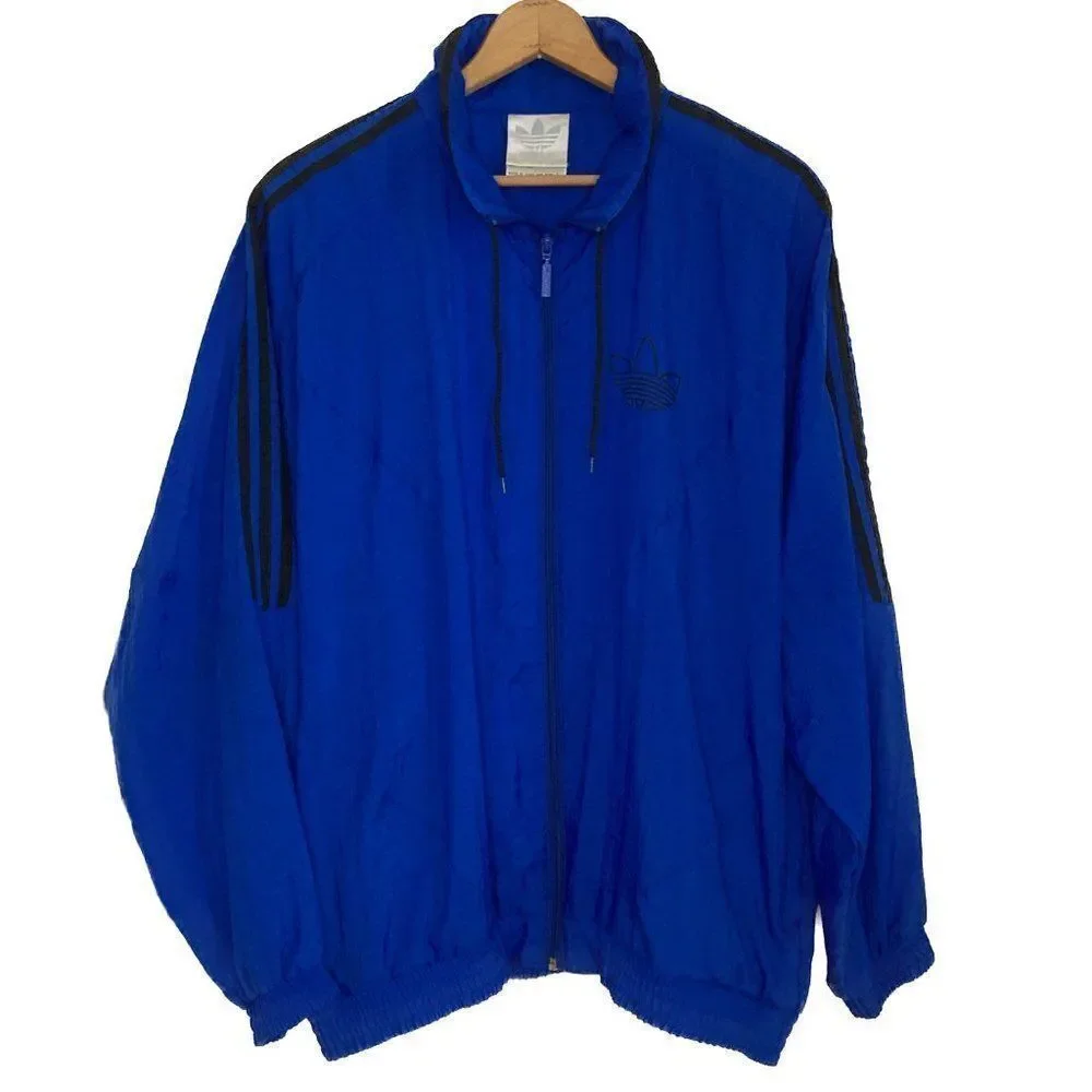 Vintage Adidas Blue Three Black Stripes Full Zip Windbreaker Jacket Size Large